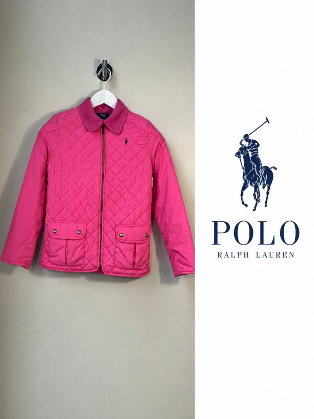 Polo Ralph Lauren Girls Pink Quilted Jacket Size L 12â14 Corduroy Collar Eques